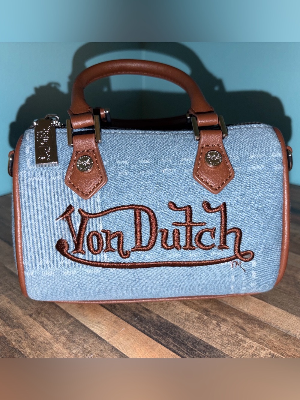 Von Dutch Denim Mini Hannah Bag with Brown Accents - Light Blue & Brown NWOT
